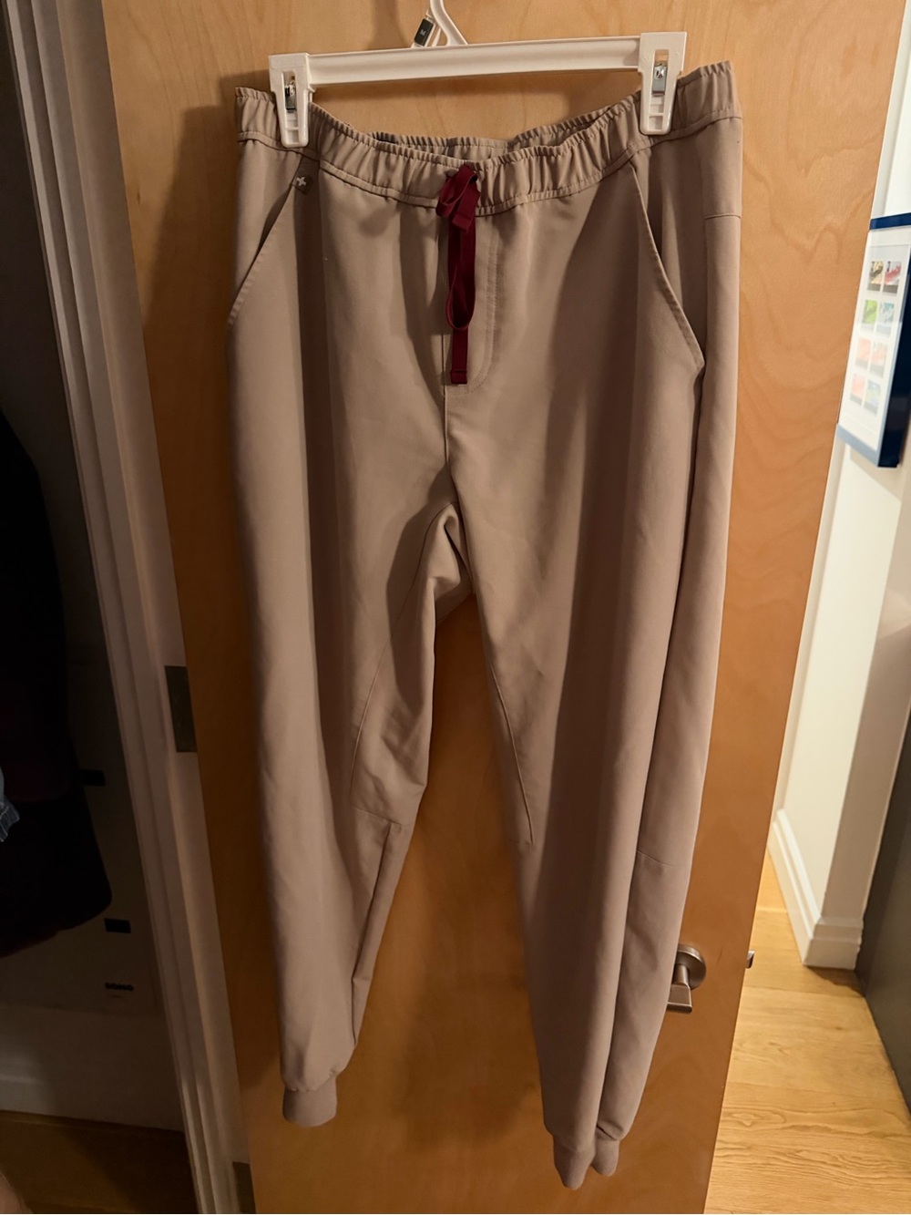 Figs Men's Tan Jogger Pants with Burgundy Drawstring